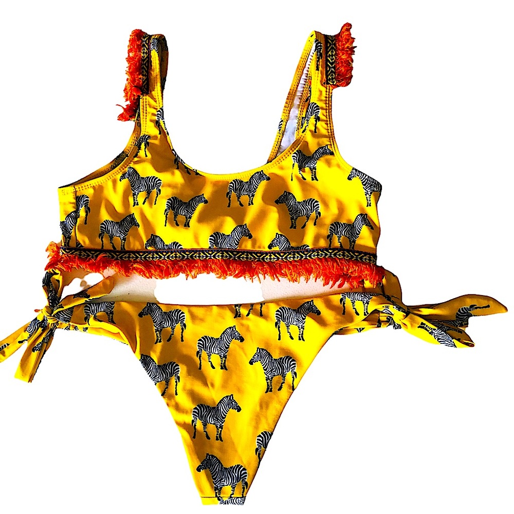 Womens Small 2piece bikini adjustable ties yellow zebra animal print